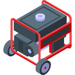 Portable Generator Black And Red Metallic Frame With Wheels For Electricity Supply And Power Generation In Isometric Style Isolated On Transparent Background