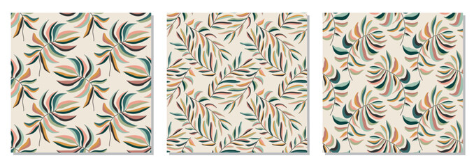 Set of trendy minimalist seamless botanical pattern with abstract creative hand drawn composition