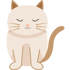 Cute beige cat with closed eyes and light brown tail sitting calmly on a transparent background, whimsical cartoon illustration, minimalist style, a portrait of a 