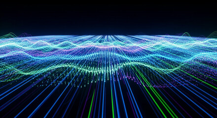 Abstract digital wave background with a futuristic and technological feel, featuring blue and green light patterns on a dark backdrop