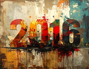 An artistic abstract painting of the year 2016 with bold, colorful numbers overlaid on a splatter backdrop