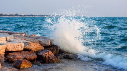 Ocean waves crash against rocky shore structures with deep blue water and wet rocks reflecting soft dawn or dusk light,