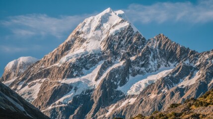 Majestic snow-covered mountain peak with thick glaciers and rocky outcrops under clear blue sky, flanked by green hills.