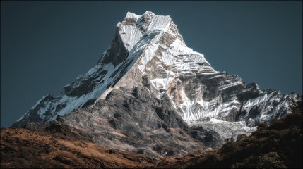 Majestic snow-capped mountain peak with rugged brown rocky terrain under clear blue skies,