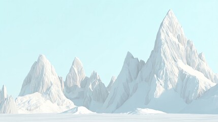 Serene snow-covered fantasy landscape with tall pointed peaks resembling soft sculptures or 3D renderings,