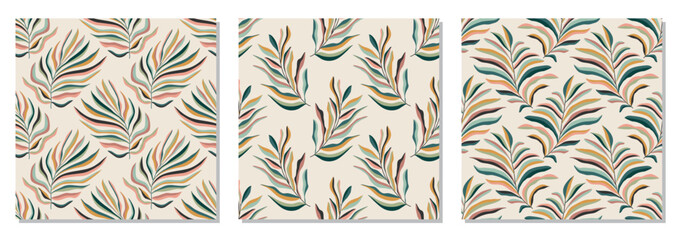 Set of trendy minimalist seamless botanical pattern with abstract creative hand drawn composition