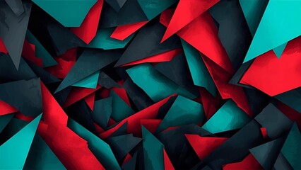 An abstract background with a chaotic yet harmonious mix of sharp angles and smooth curves. Use a color palette of bold, contrasting colors like deep red, turquoise, and dark gray, blending