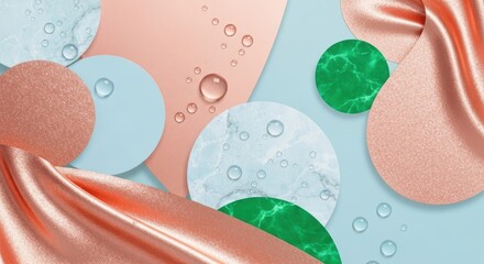 Luxury Abstract Background with Satin Fabric, Marble Texture and Water Drops