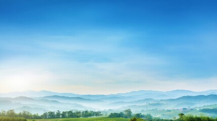 Expansive picturesque landscape with lush green fields, clusters of trees, gentle hills, peaceful blue sky, mist,