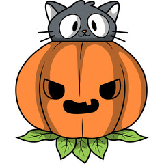Cute cartoon gray cat peeking out of a carved Halloween pumpkin with green leaves isolated on white background