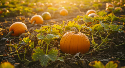 A field of ripe pumpkins growing in a patch during golden hour, with a focus on a single pumpkin
