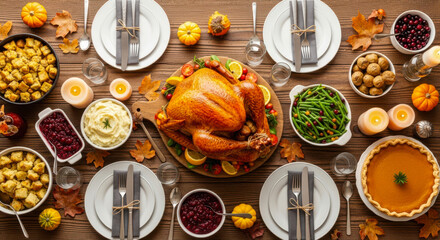 Overhead view of a festive thanksgiving dinner table set with a roasted turkey and various side dishes