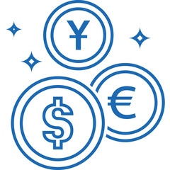 Conceptual illustration of three blue coins with currency symbols dollar euro and yen against a transparent background with subtle sparkle effects suggesting financial growth and exchange
