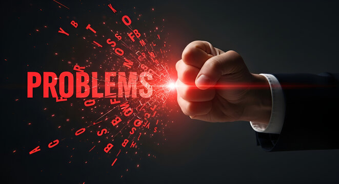 Hand breaking through digital problems with glowing red effect and binary code