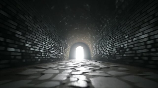 A dynamic FPV rush through a dark, historic brick tunnel toward a blinding white light at the end, symbolizing hope, perseverance through darkness, transformation, and the certainty of a new beginning