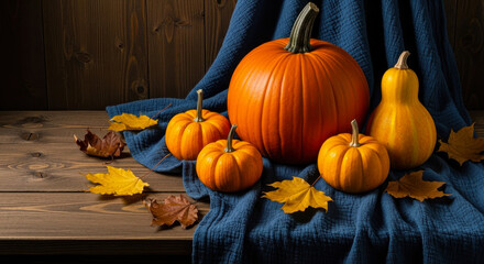 Assortment of pumpkins and gourds on a rustic wooden table with a blue cloth