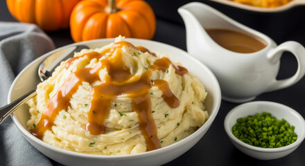 A bowl of creamy mashed potatoes topped with gravy, served with small pumpkins and a gravy boat