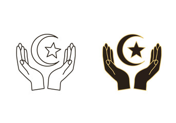 Obraz premium Stylized hands gently cradling the crescent moon and star symbol, representing Islamic faith, care, and support.