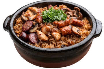 Delicious arroz con pollo recipe with sausage and mushrooms on transparent background