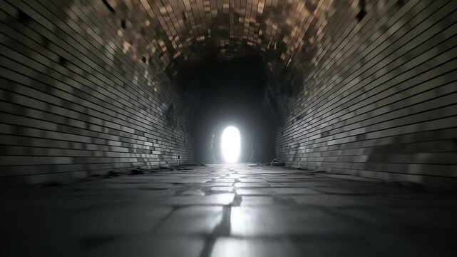 A dynamic FPV rush through a dark, historic brick tunnel toward a blinding white light at the end, symbolizing hope, perseverance through darkness, transformation, and the certainty of a new beginning