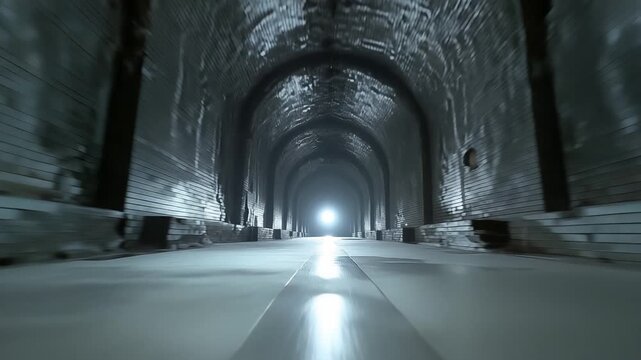A dynamic FPV rush through a dark, historic brick tunnel toward a blinding white light at the end, symbolizing hope, perseverance through darkness, transformation, and the certainty of a new beginning