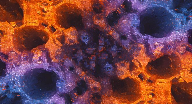 Abstract digital artwork with swirling orange and blue tones, intricate fractal patterns