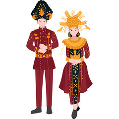 Couple in Traditional Indonesian Attire Featuring Rich Maroon and Gold Embellishments Standing Against a Transparent Background
