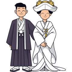 Couple In Traditional Japanese Wedding Attire With Groom In Dark Kimono And Bride In White Uchikake Dress Standing Together Smiling On A Transparent Background