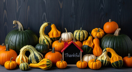 A variety of pumpkins and gourds on a dark wooden background with a small chalkboard sign