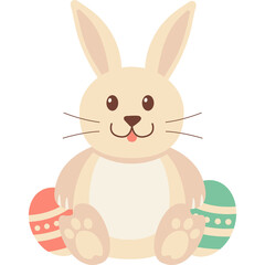 Cream Colored Easter Bunny Rabbit Sitting Between Two Decorated Easter Eggs One Coral Pink and One Teal Green with a Transparent Background Ideal for Spring Celebrations