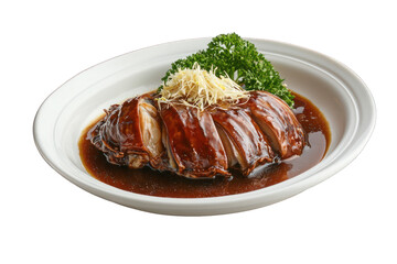 Delicious braised pork belly with sauce and garnish recipe on transparent background