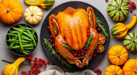 Whole roasted turkey centerpiece surrounded by mini pumpkins, gourds, green beans, and cranberries on a textured surface