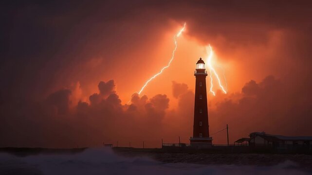 Solitary lighthouse beam cutting through a turbulent, lightning-streaked, orange storm sky and crashing waves, symbolizing resilience, hope, and unwavering guidance amidst chaos.