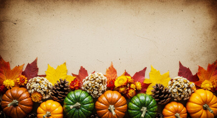 Autumn harvest border with pumpkins, gourds, pine cones, and colorful fall leaves on a textured parchment background