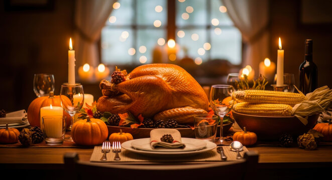 Festive thanksgiving dinner table setting with roasted turkey, corn, and candles