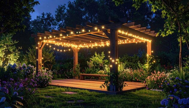 Beautiful wooden pergola adorned with glowing string lights illuminates a tranquil garden at dusk. The warm illumination of the lights contrasts with the dark blue sky. - Powered by Adobe