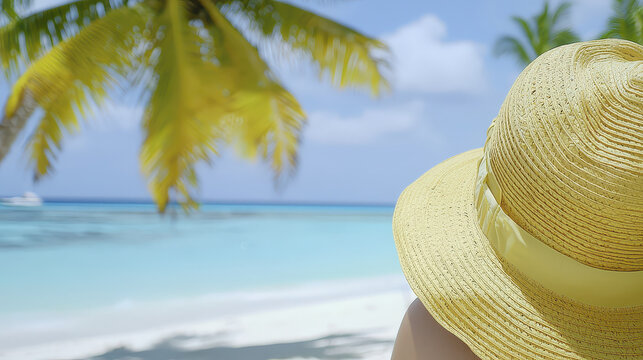 Woman wearing yellow hat enjoys serene tropical beach view with palm trees and clear blue water, evoking relaxation - Powered by Adobe