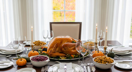 A formal thanksgiving dinner table setting with a roasted turkey, side dishes, and candles
