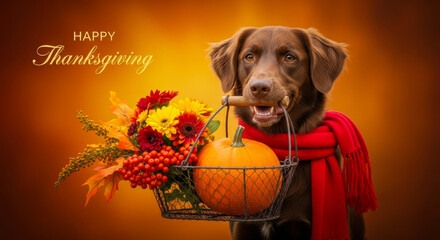 Chocolate labrador dog wearing a red scarf, carrying a basket with a pumpkin and flowers