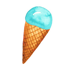 Bright, creamy ice cream. A sweet scoop in a waffle cone. Hand-drawn watercolor illustration of the dessert for an ice cream parlor ad.