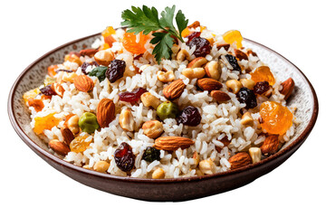 Delicious rice pilaf with nuts and dried fruits recipe idea on transparent background