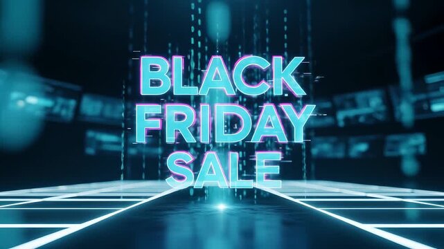 Black Friday Sale promo, glowing neon text with digital data streams, advertising event. Great for e-commerce, retail, marketing campaigns, technology promotions, seasonal sales.