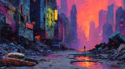 Vibrant Post-Apocalyptic Cityscape with Colorful Skies and Ruins
