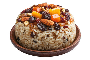 Delicious rice pilaf with nuts and dried fruits recipe idea on transparent background