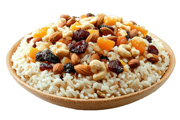 Rice pilaf with nuts and dried fruit healthy food concept on transparent background