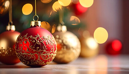 Christmas Ornaments Festive Holiday Decorations Bokeh Lights.