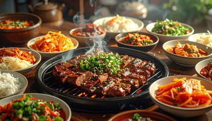 Obraz premium Delicious grilled meat, garnished with fresh herbs, is the centerpiece of a bountiful spread.