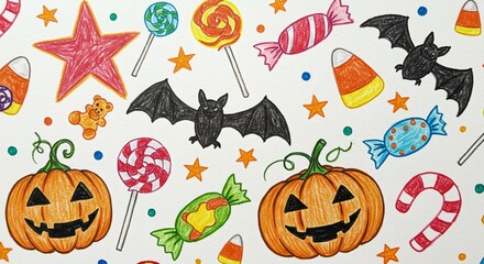 Hand-drawn Halloween Candies, Pumpkins, and Bats on White Background