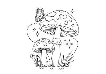 Adorable Mushroom and Butterfly Illustration A Charming Black and White Coloring Page for Relaxation and Creativity