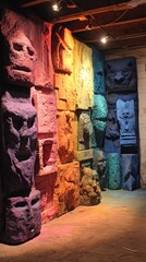 Colorful Wall of Sculpted Faces and Textures in Artistic Space